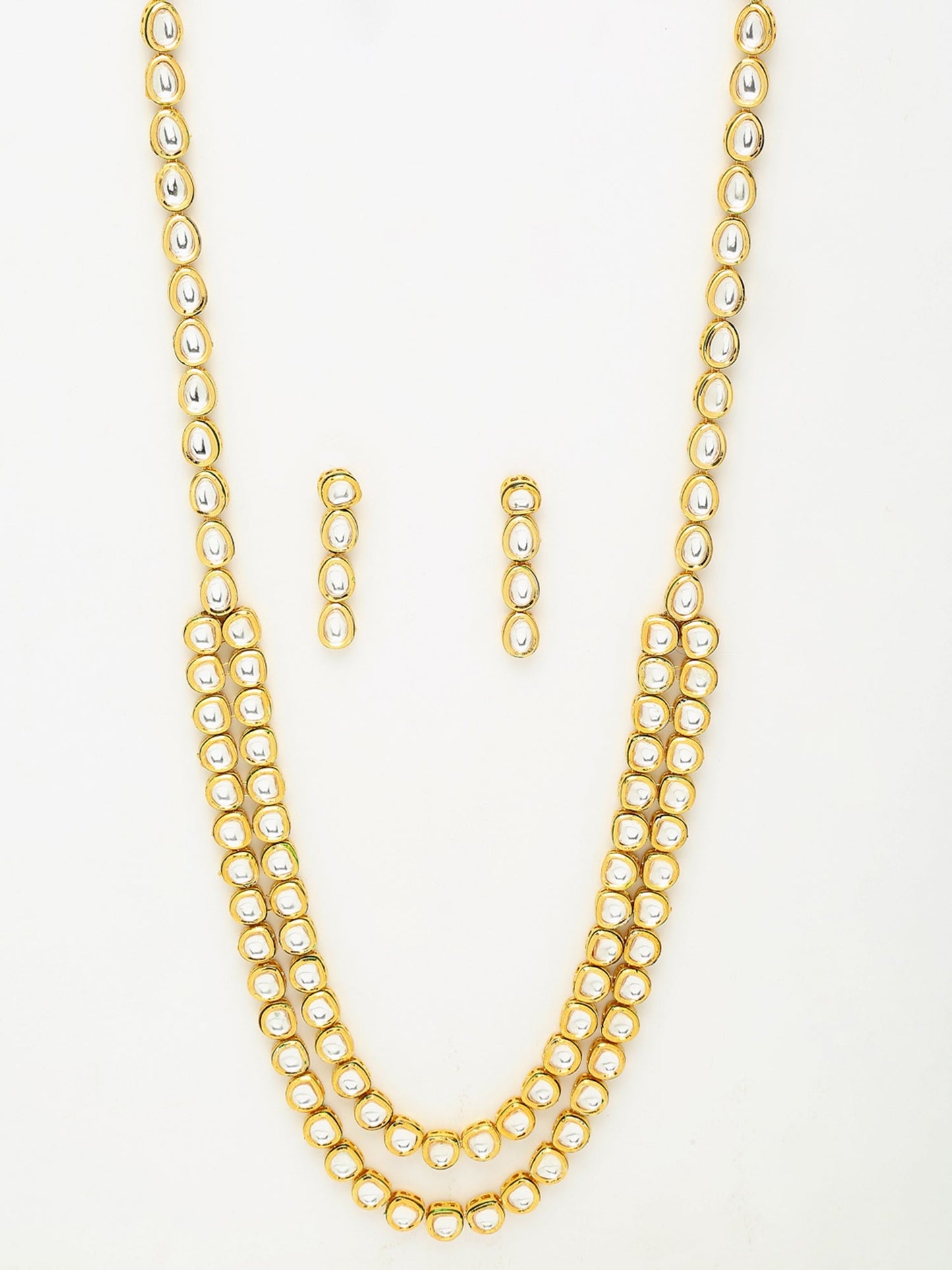 Gold-Polished Long Kundan Neckpiece With Earrings - Ruby Raang