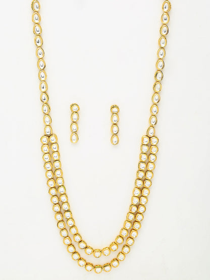 Gold-Polished Long Kundan Neckpiece With Earrings - Ruby Raang