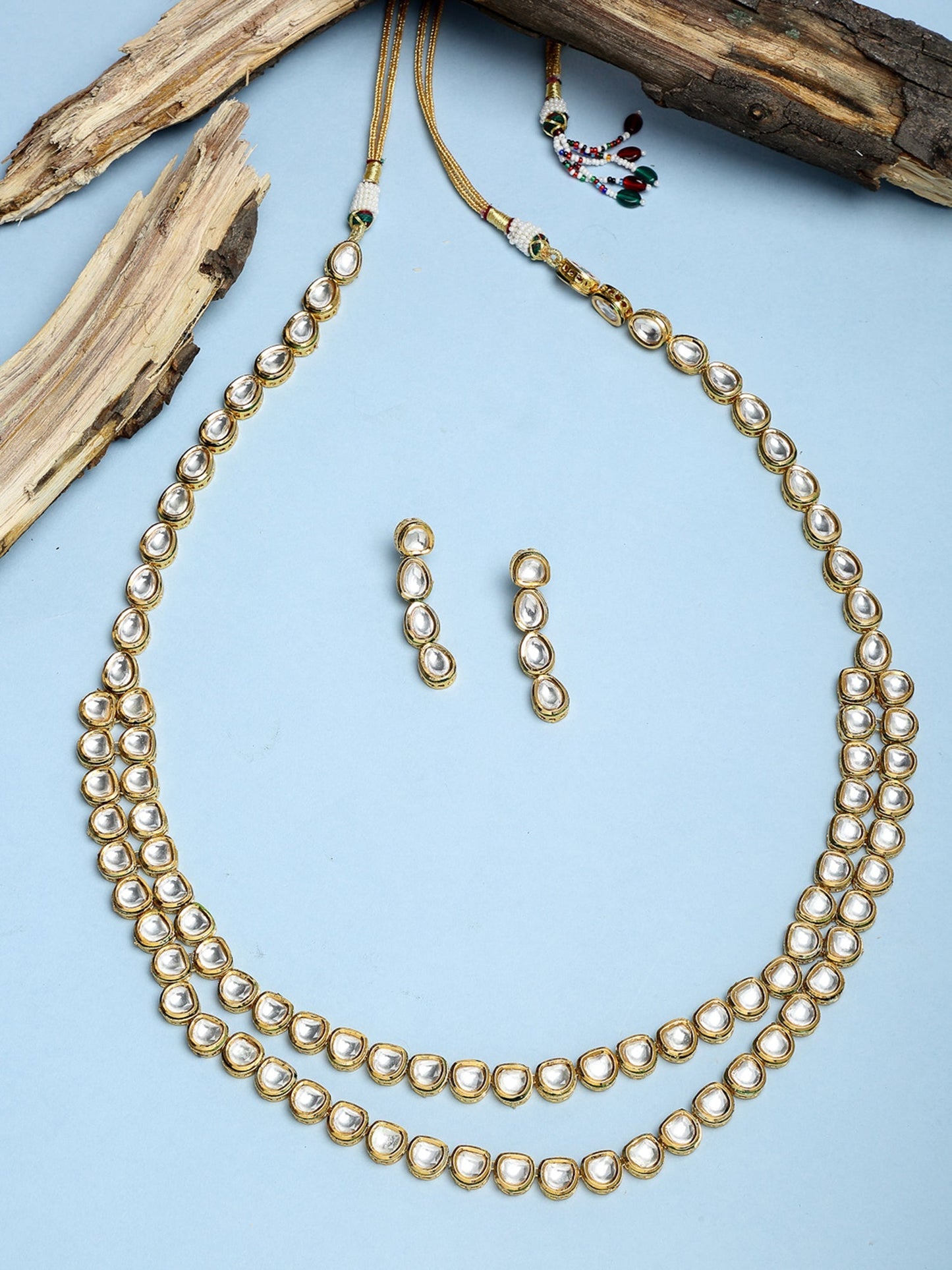 Gold-Polished Long Kundan Neckpiece With Earrings - Ruby Raang