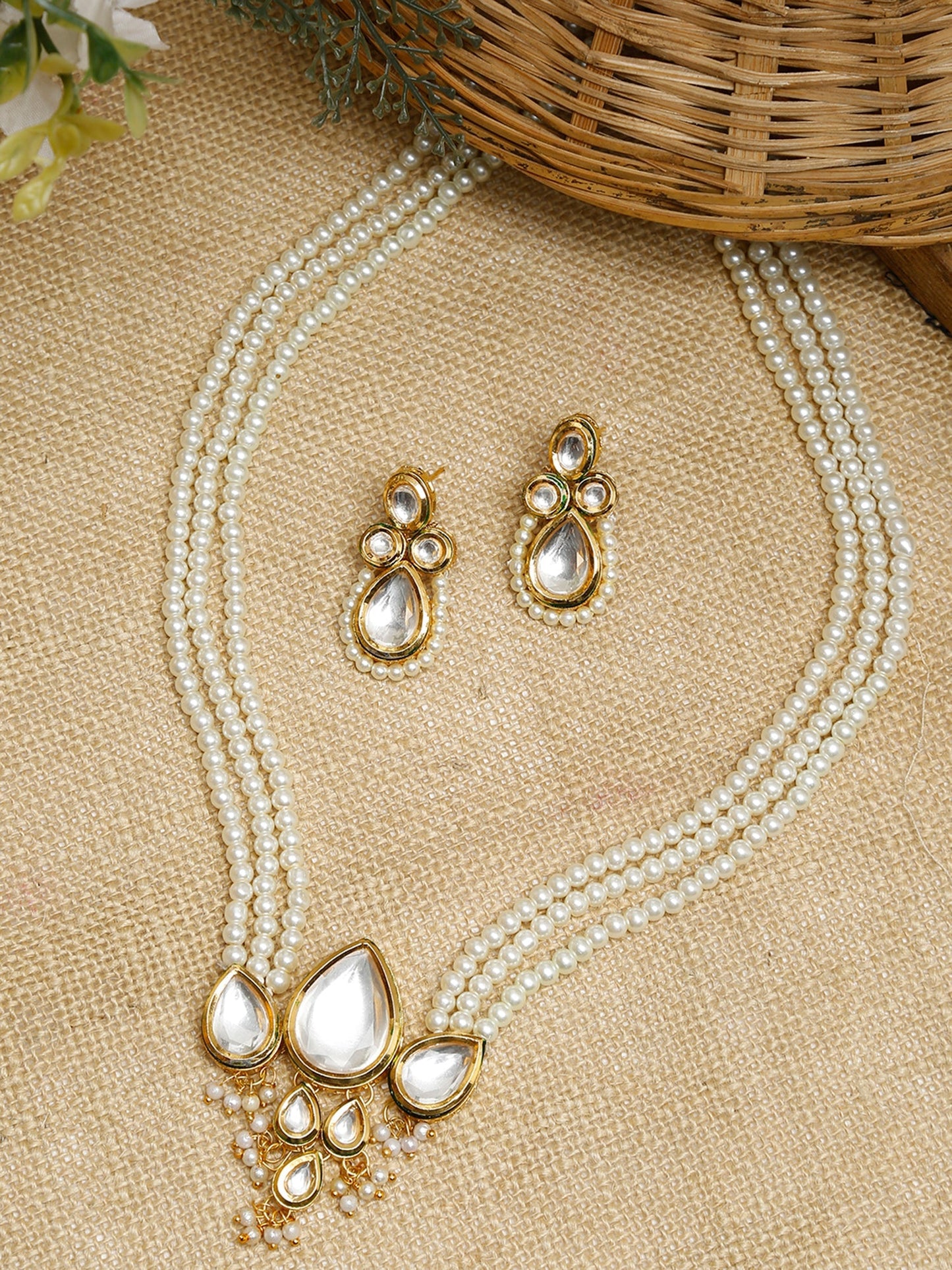 Long Kundan Neckpiece With Studs - Ruby Raang