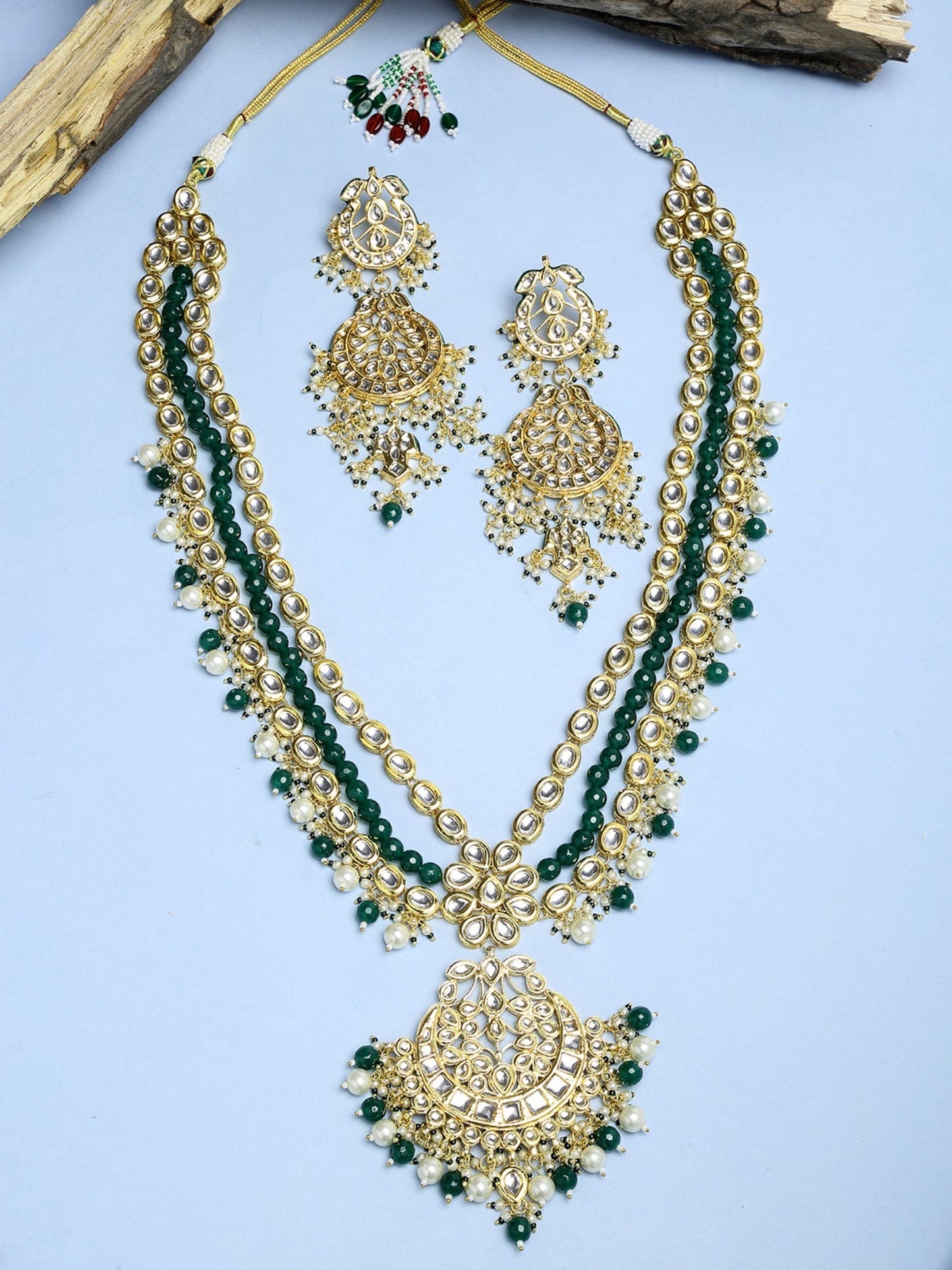 Long Kundan Neckpiece With Earrings - Ruby Raang
