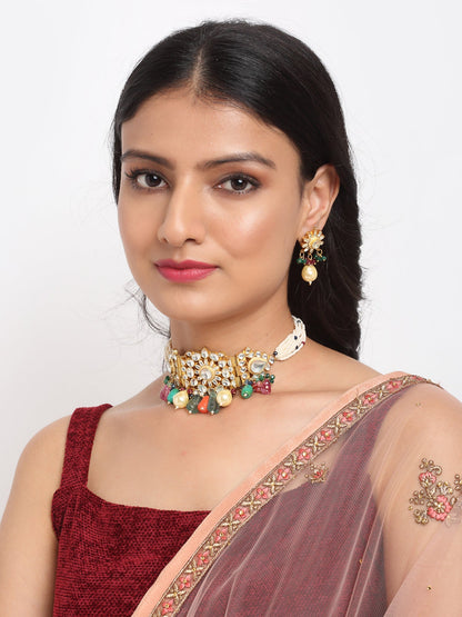 Kundan Maharani Choker With Earrings - Ruby Raang