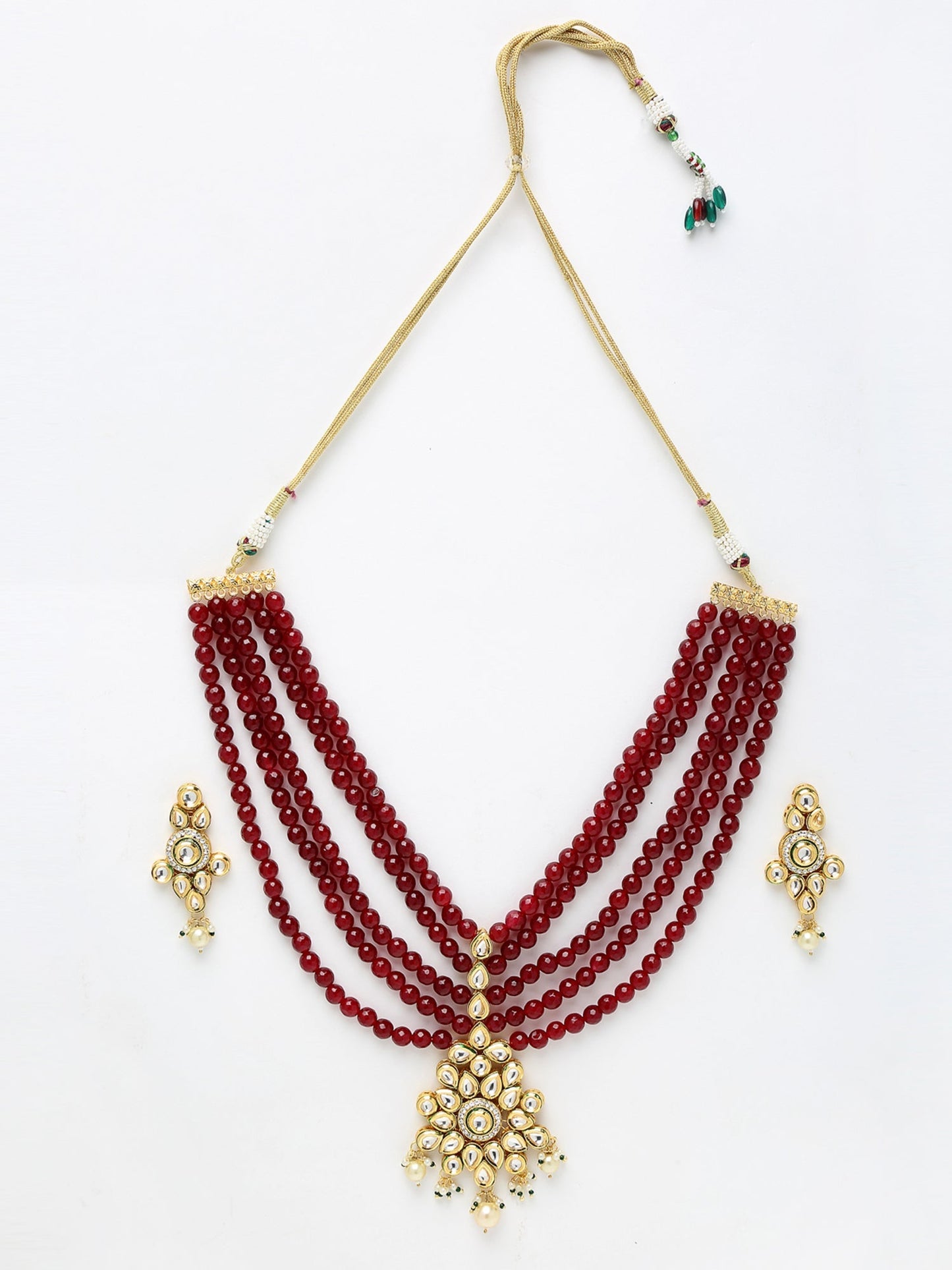 Gold-Polished Maroon Kundan Studded Beaded Jewellery Set - Ruby Raang
