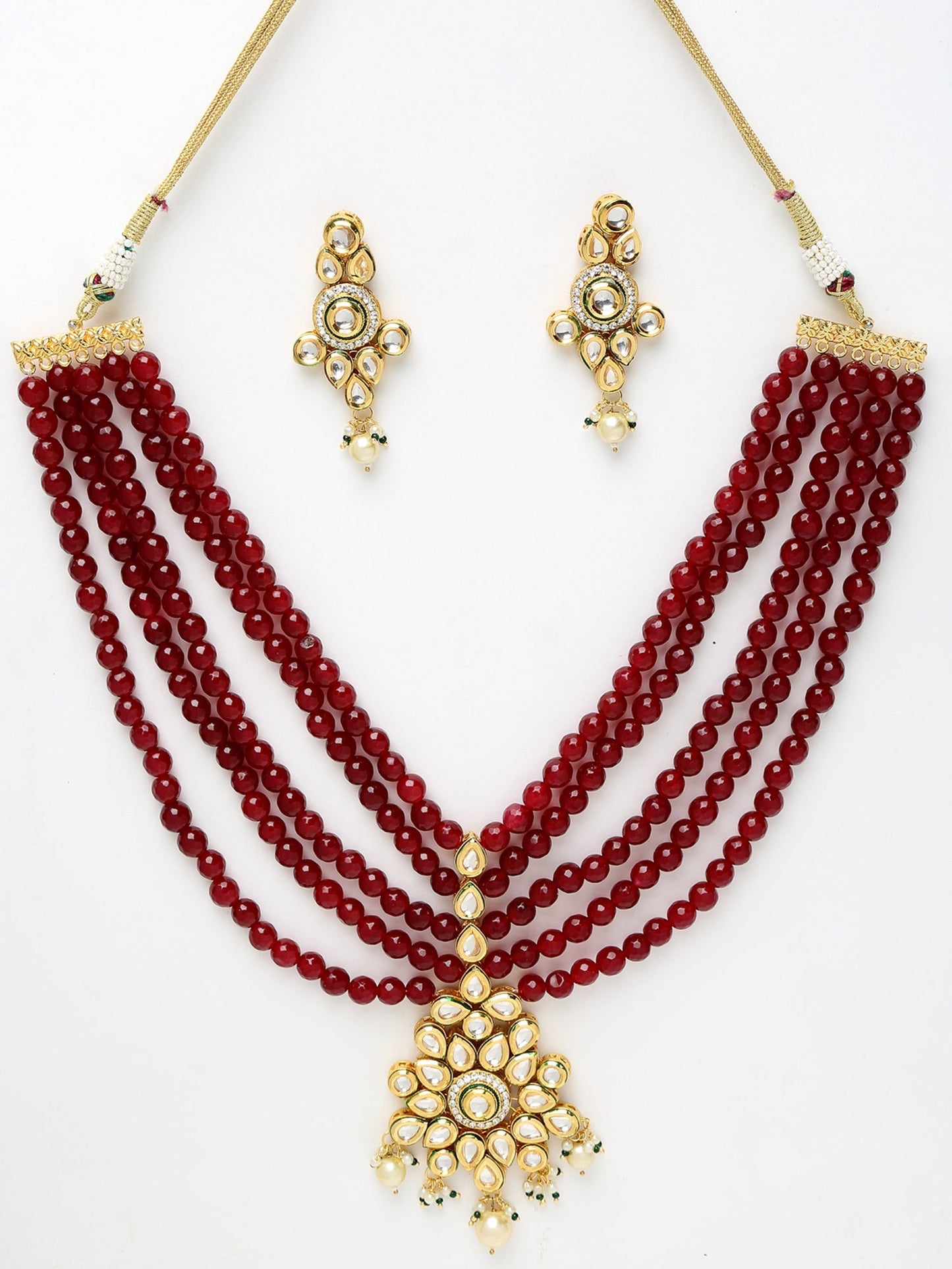 Gold-Polished Maroon Kundan Studded Beaded Jewellery Set - Ruby Raang