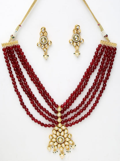 Gold-Polished Maroon Kundan Studded Beaded Jewellery Set - Ruby Raang