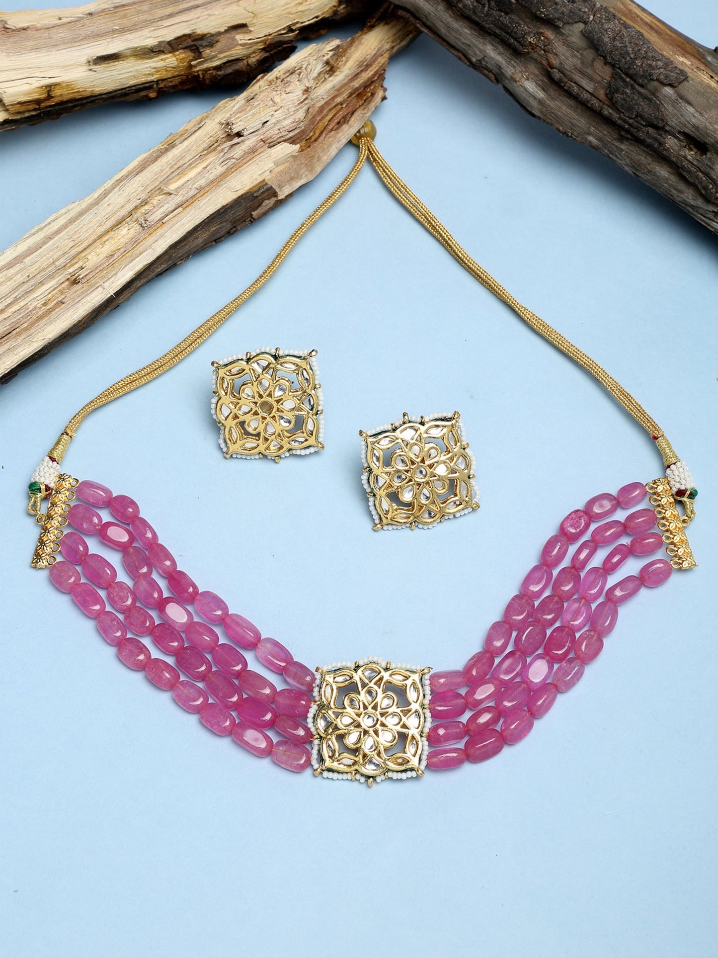 Gold-Polished Pink Kundan Choker With Studs - Ruby Raang
