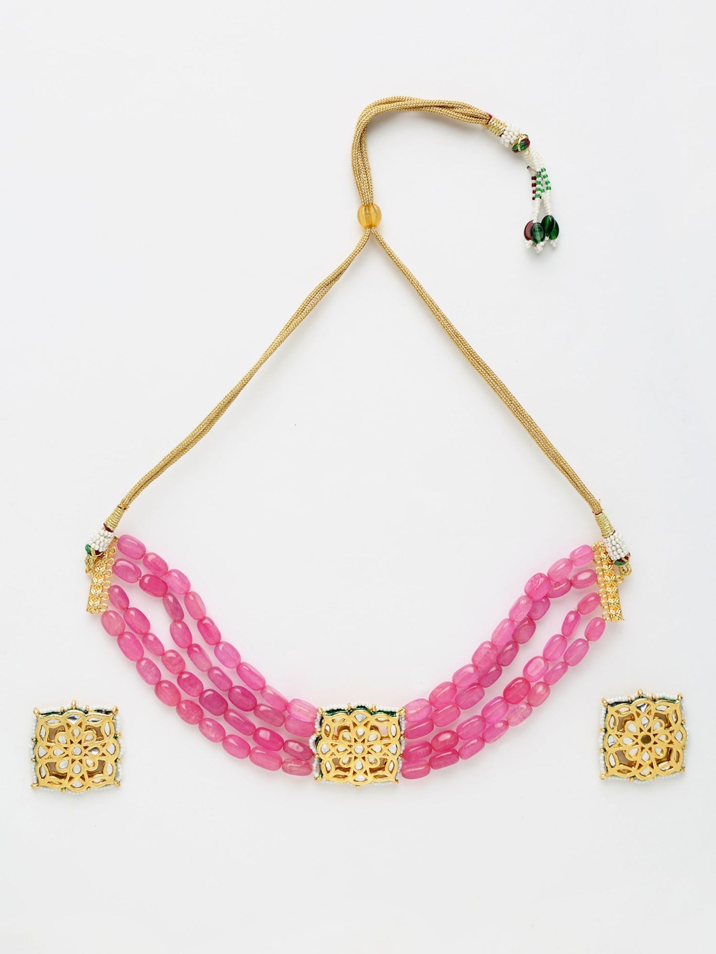 Gold-Polished Pink Kundan Choker With Studs - Ruby Raang