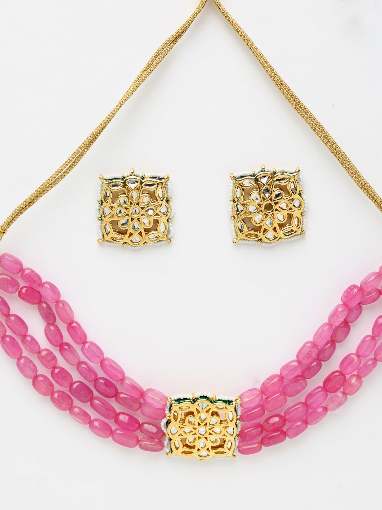 Gold-Polished Pink Kundan Choker With Studs - Ruby Raang