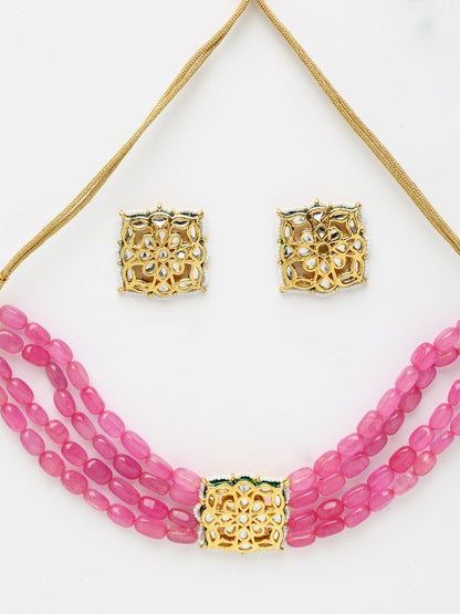 Gold-Polished Pink Kundan Choker With Studs - Ruby Raang