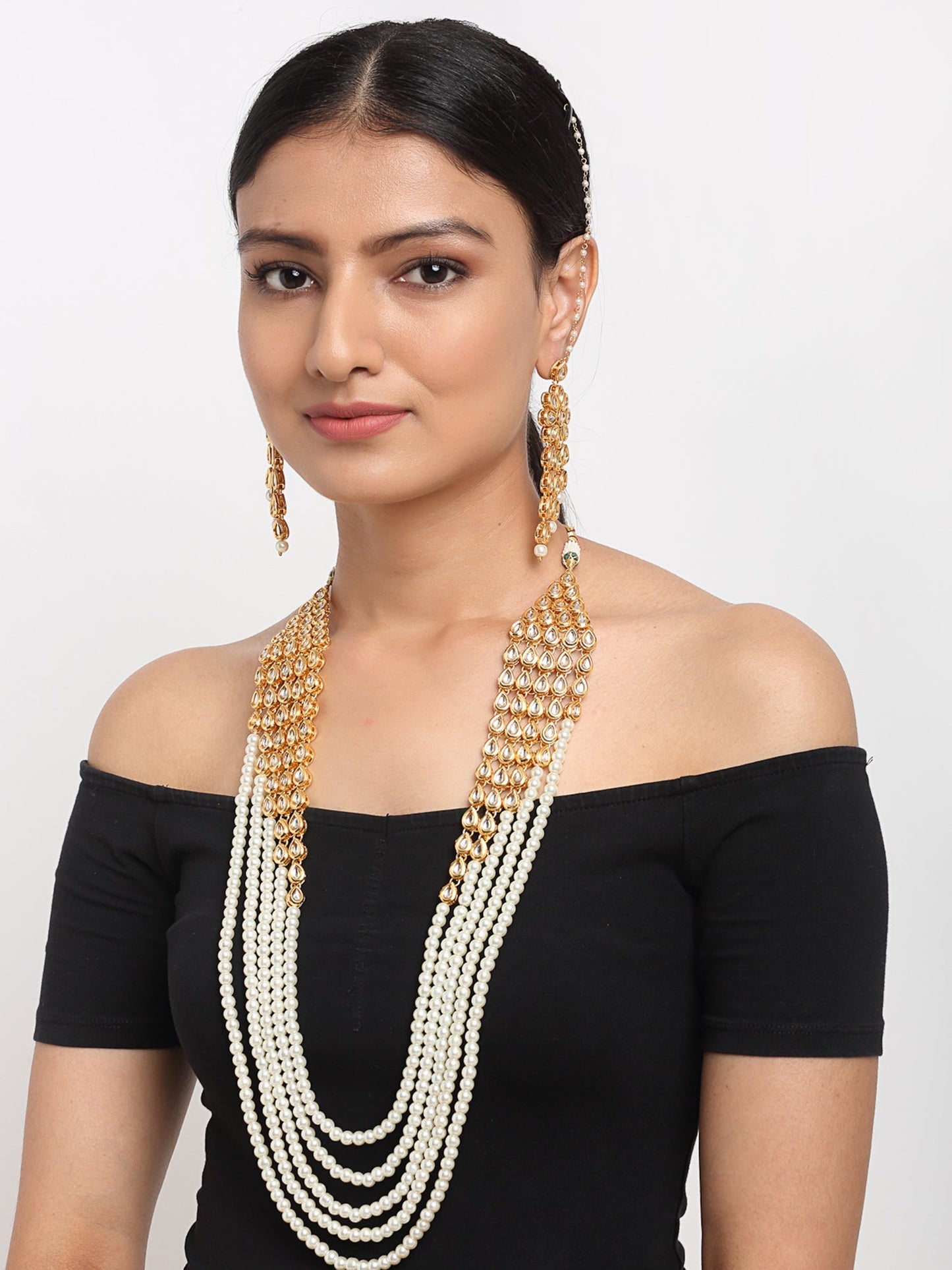 Layered Pearl Kundan Neckpiece With Earrings - Ruby Raang