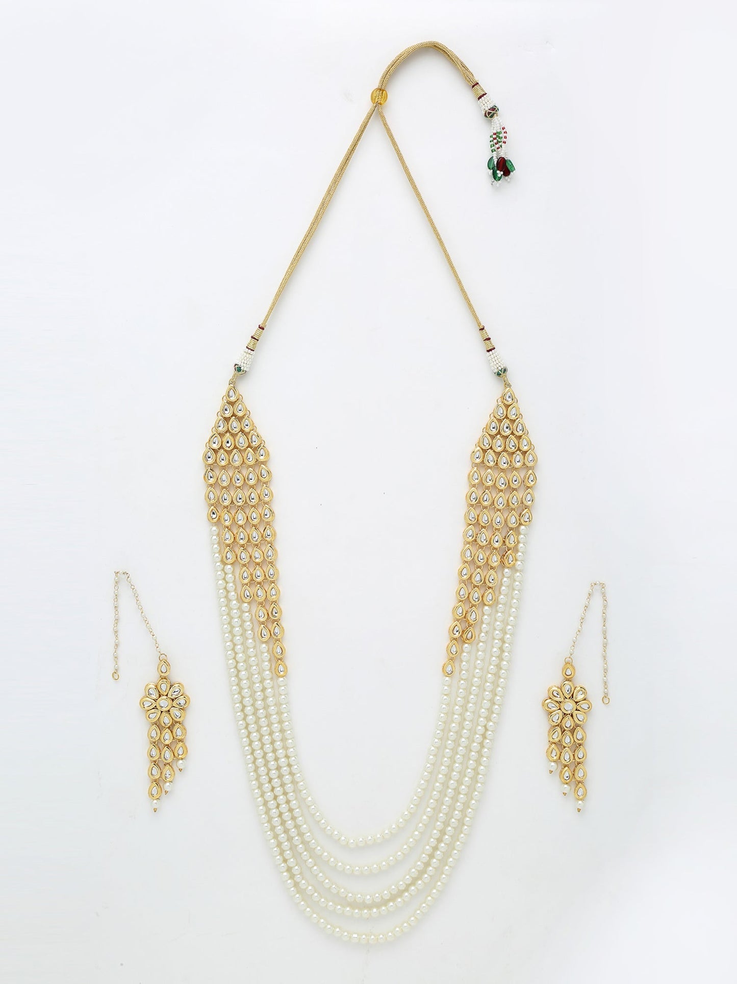 Layered Pearl Kundan Neckpiece With Earrings - Ruby Raang