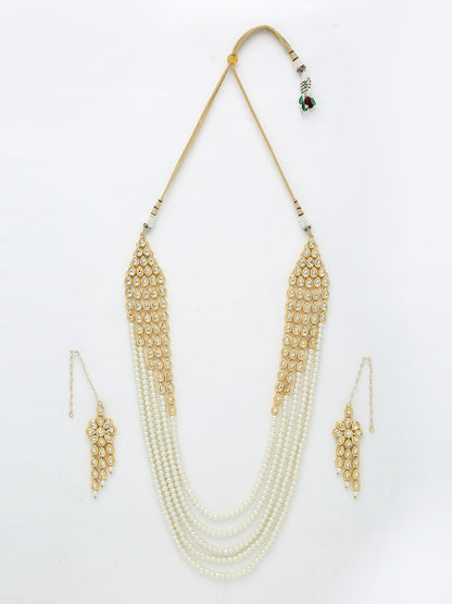 Layered Pearl Kundan Neckpiece With Earrings - Ruby Raang