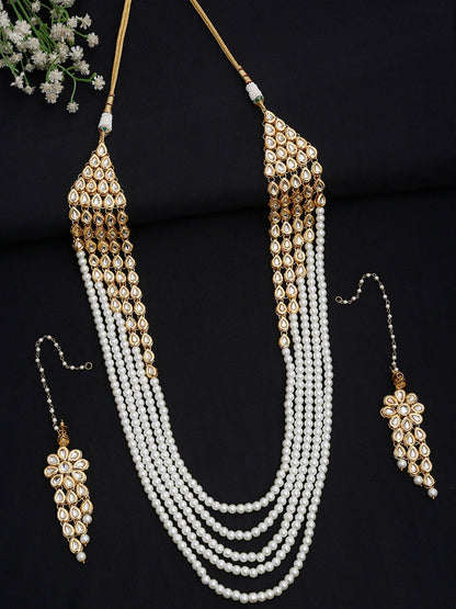 Layered Pearl Kundan Neckpiece With Earrings - Ruby Raang