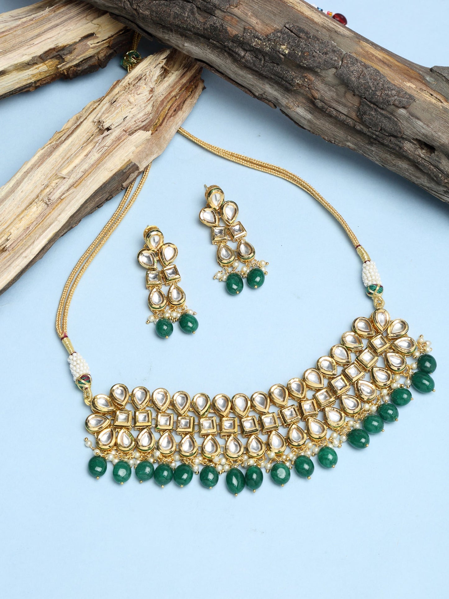 Stone Kundan Choker With Earrings - Ruby Raang
