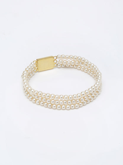 Women's Gold-Toned White Pearls Gold-Polished Multi-Strand Bracelet - Ruby Raang