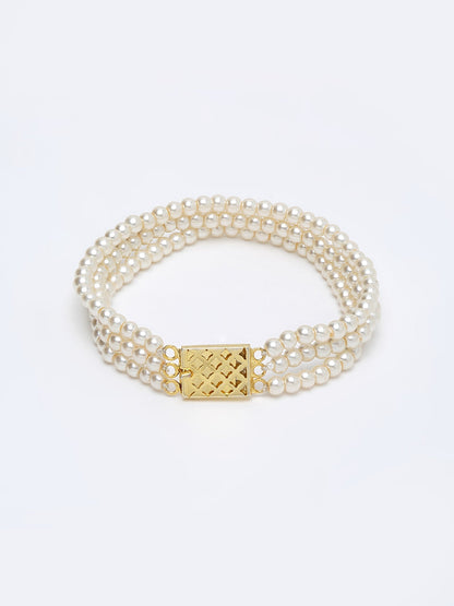 Women's Gold-Toned White Pearls Gold-Polished Multi-Strand Bracelet - Ruby Raang