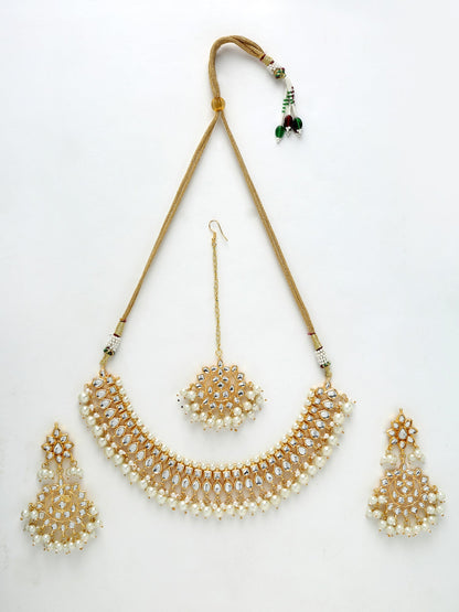 Gold-Polished Kundan Choker With Earrings & Maang Tika - Ruby Raang