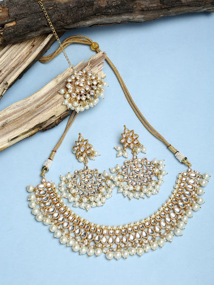 Gold-Polished Kundan Choker With Earrings & Maang Tika - Ruby Raang