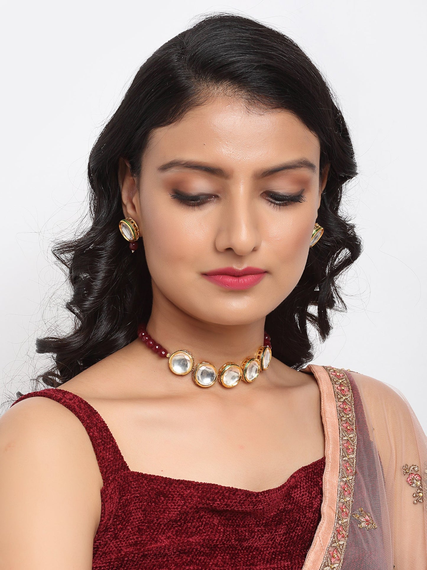 Kundan Neckpiece With Studs - Ruby Raang