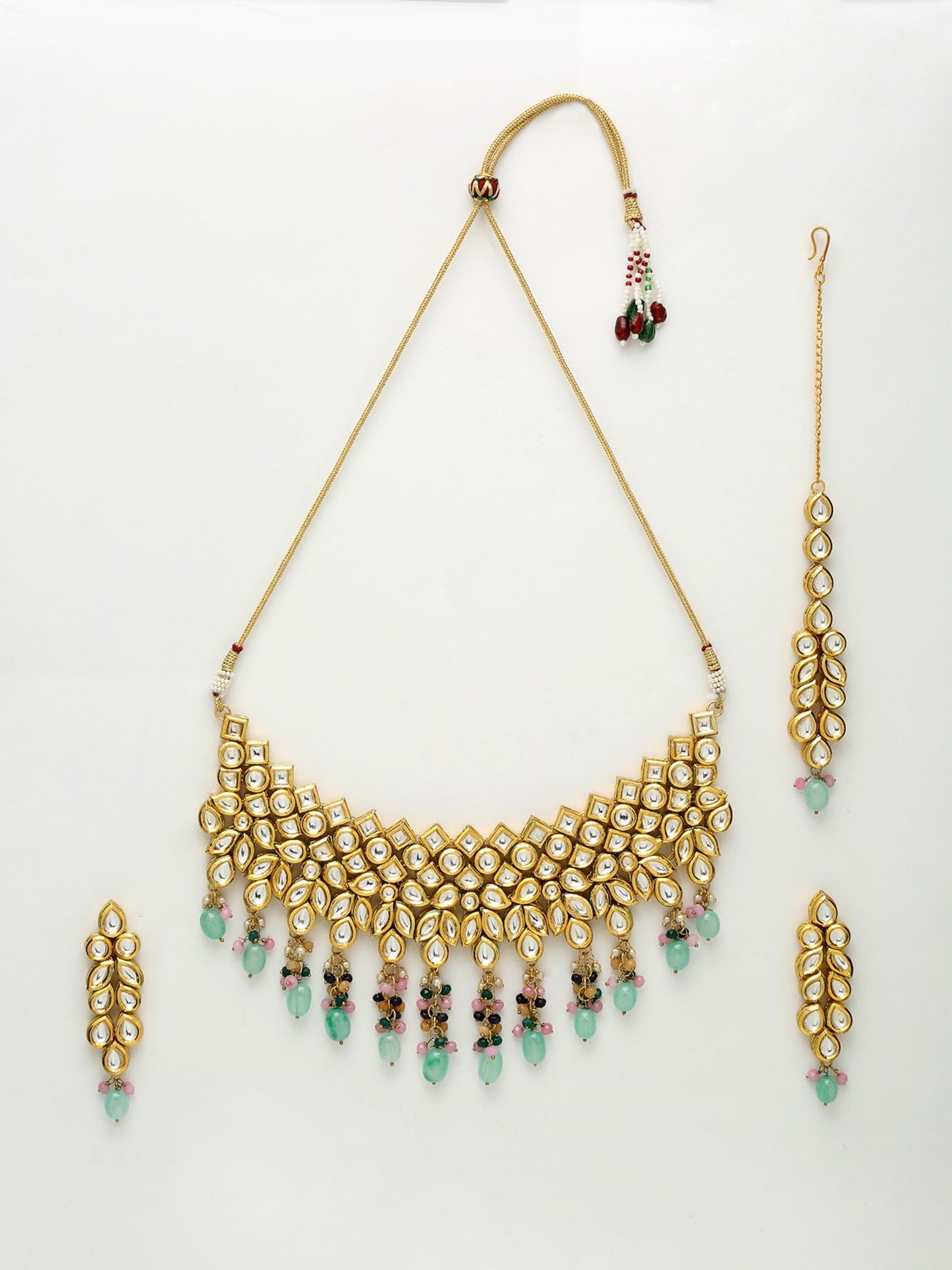 Kundan Neckpiece With Earrings And Maang Tikka - Ruby Raang