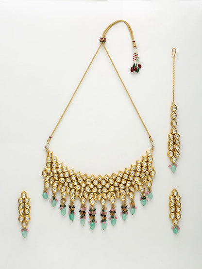 Kundan Neckpiece With Earrings And Maang Tikka - Ruby Raang