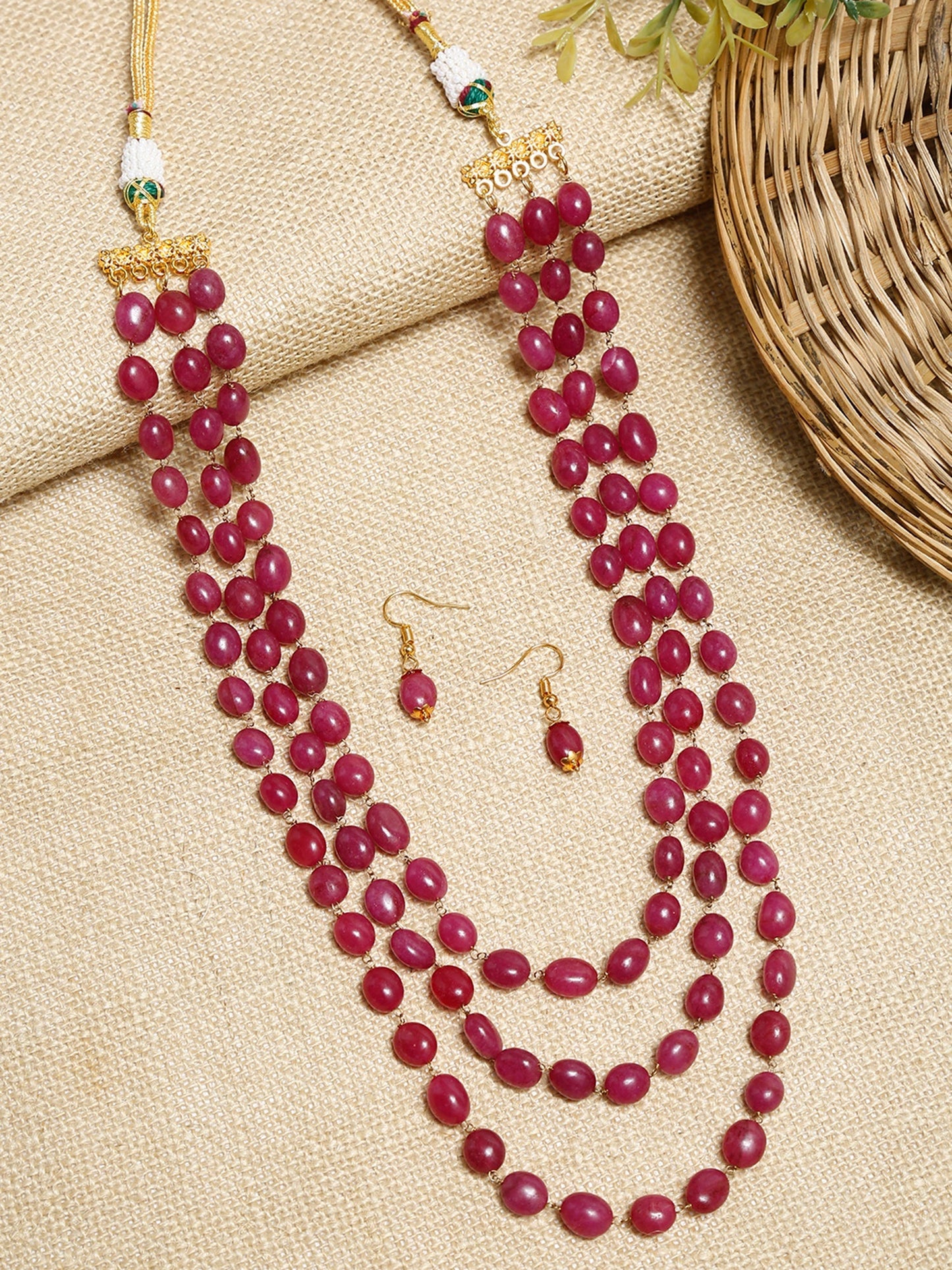 Layered Maroon Neckpiece With Earrings - Ruby Raang