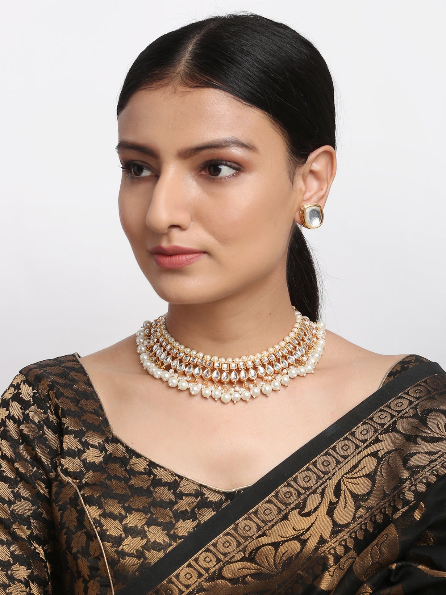 Kundan Choker With Pearls & Studs - Ruby Raang