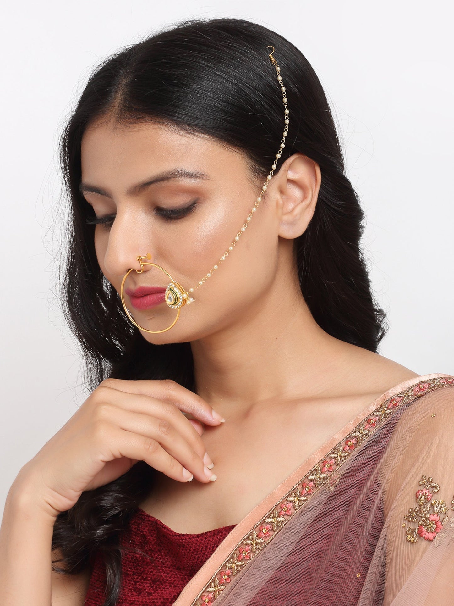 Maharani Kundan Nose Ring - Ruby Raang
