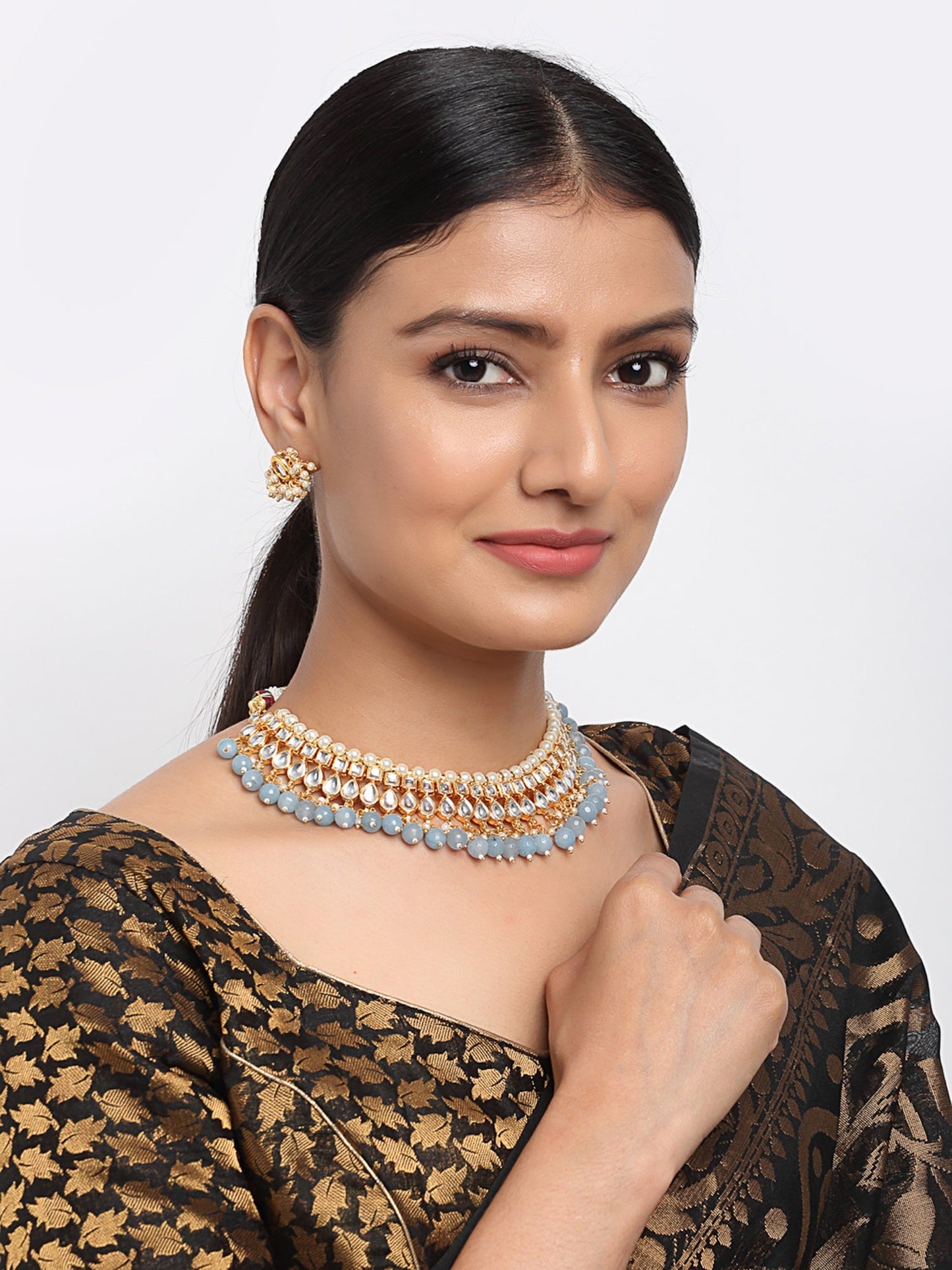 Stone Kundan Choker With Studs - Ruby Raang