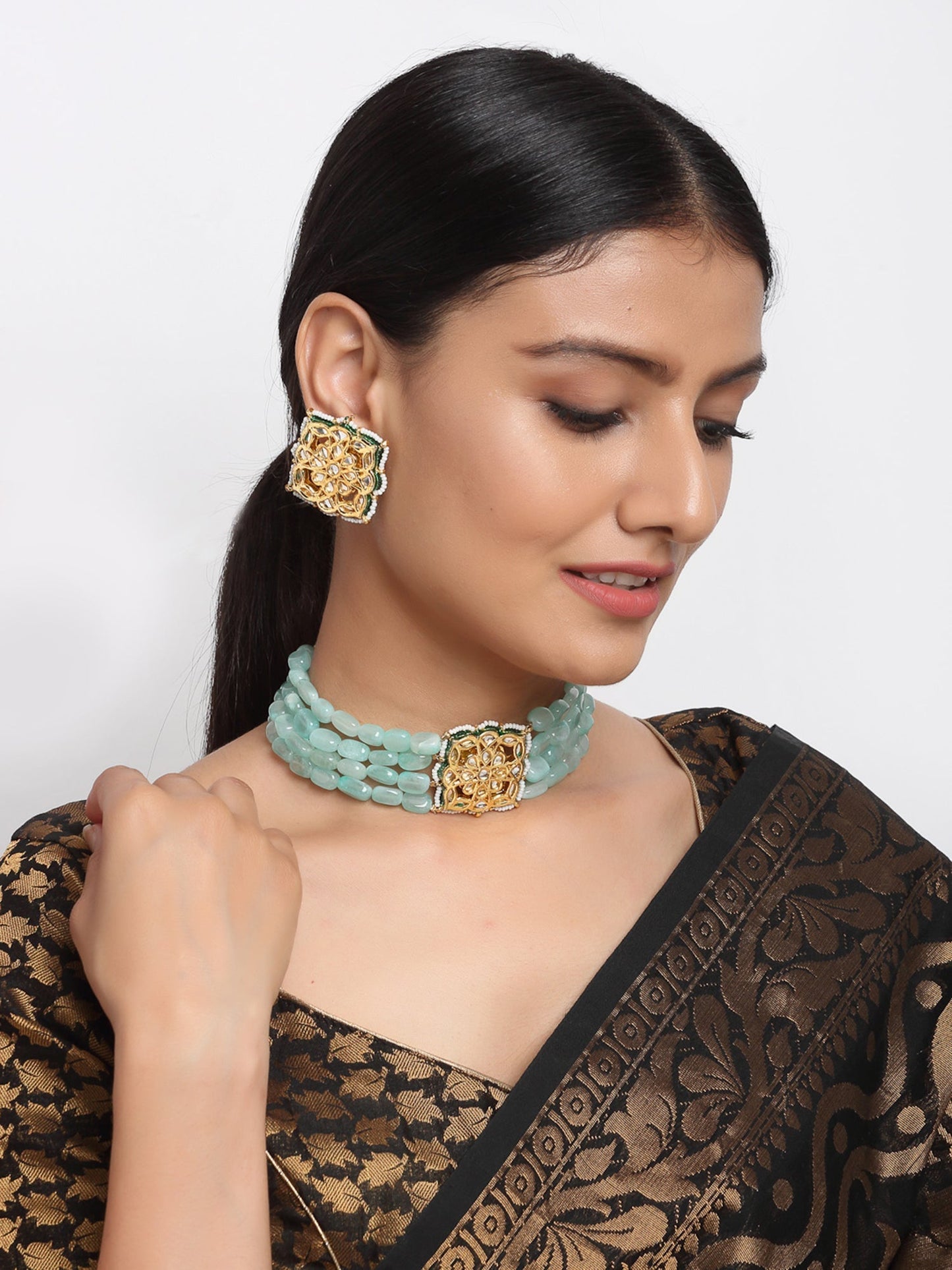 Stone Kundan Choker With Studs - Ruby Raang