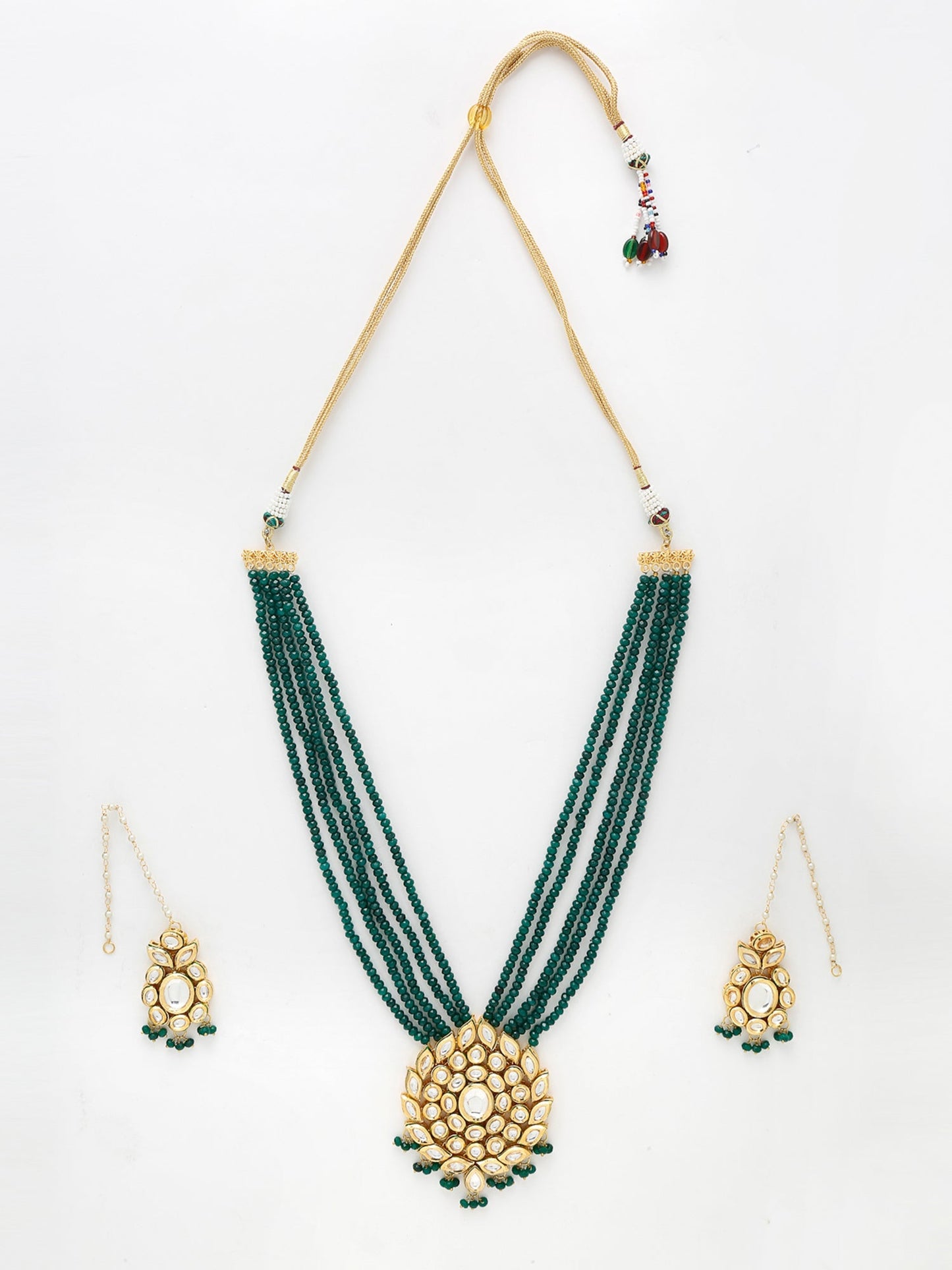 Long Kundan Neckpiece With Earrings - Ruby Raang