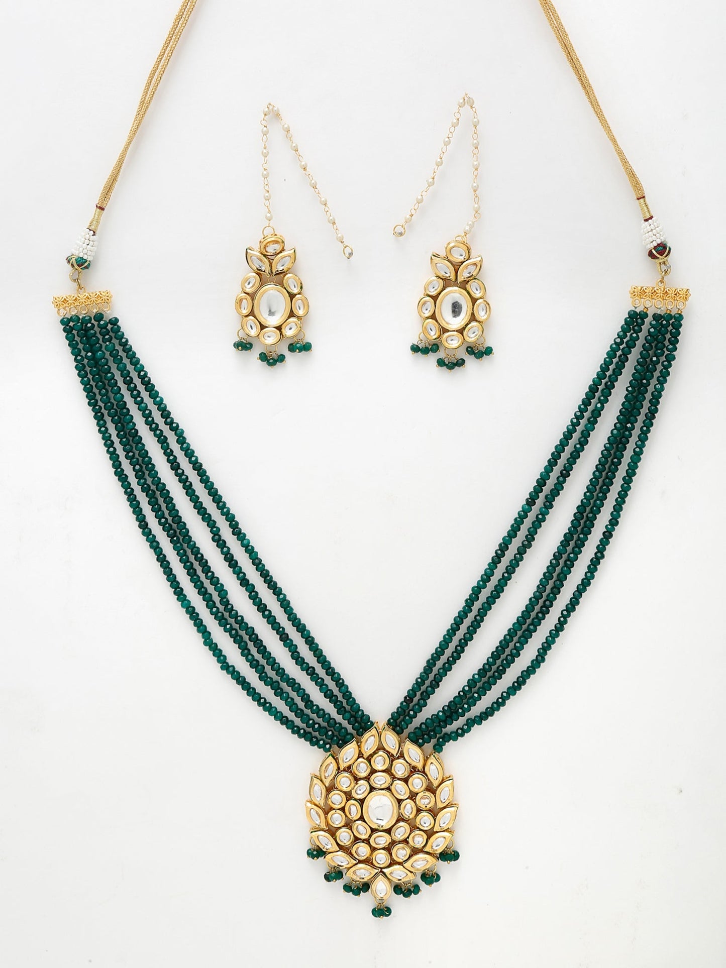 Long Kundan Neckpiece With Earrings - Ruby Raang
