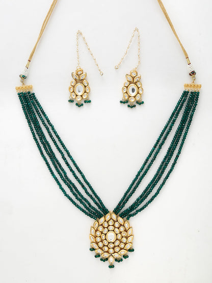 Long Kundan Neckpiece With Earrings - Ruby Raang