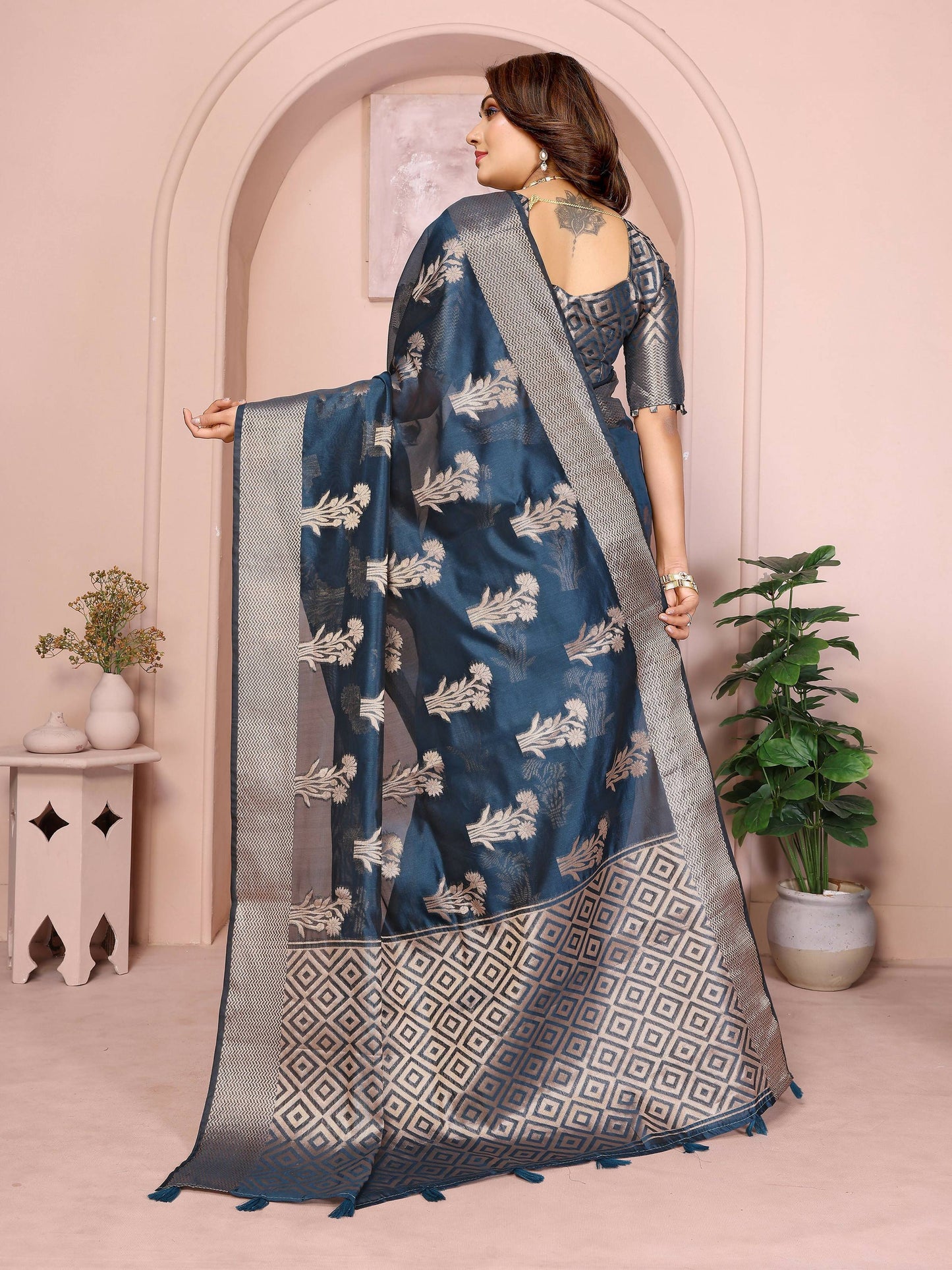 Aastha Fashion Teal Soft Organza Silk Weaving Saree