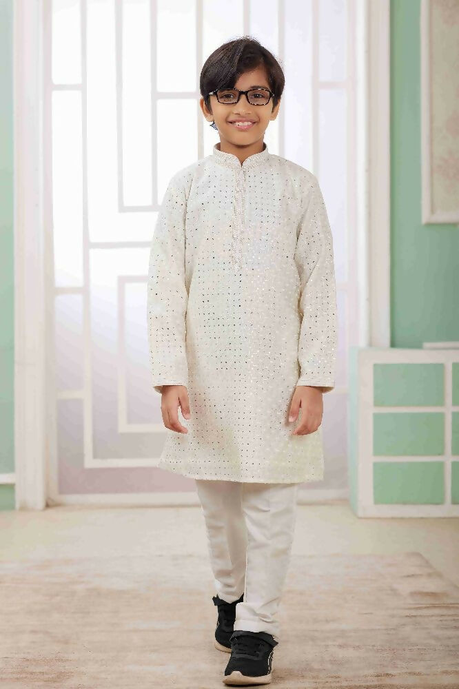 Raivat Ethnic Art Silk Embroidery Work Kids Kurta Pajama In Cream Colour