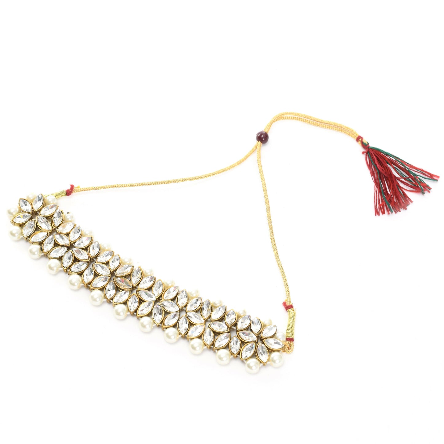 Mominos Fashion Johar Kamal Gold-Polished Rani Haar with White and Off white Pearls Jewellery Set