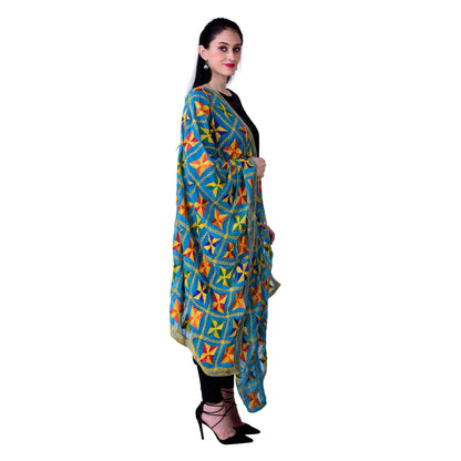 SWI Stylish Women's Embroidered Phulkari Chiffon Turquoise Dupatta