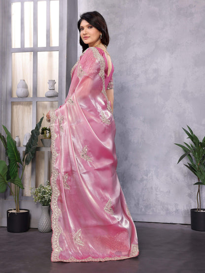 Vastranavya Baby Pink Embroidery Work Shimmer Chiffon Saree with Unstitched Blouse