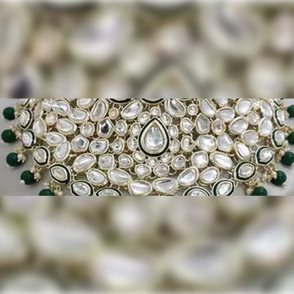 Jewel City Royal Kundan Choker Set with Emerald Green Beads - Traditional Indian Wedding Jewelry Set with Earrings and Tikka