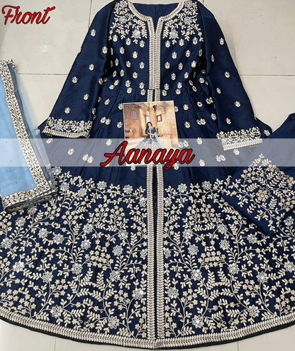 Anaita Navy Blue Embroidered Art Silk Anarkali Suit