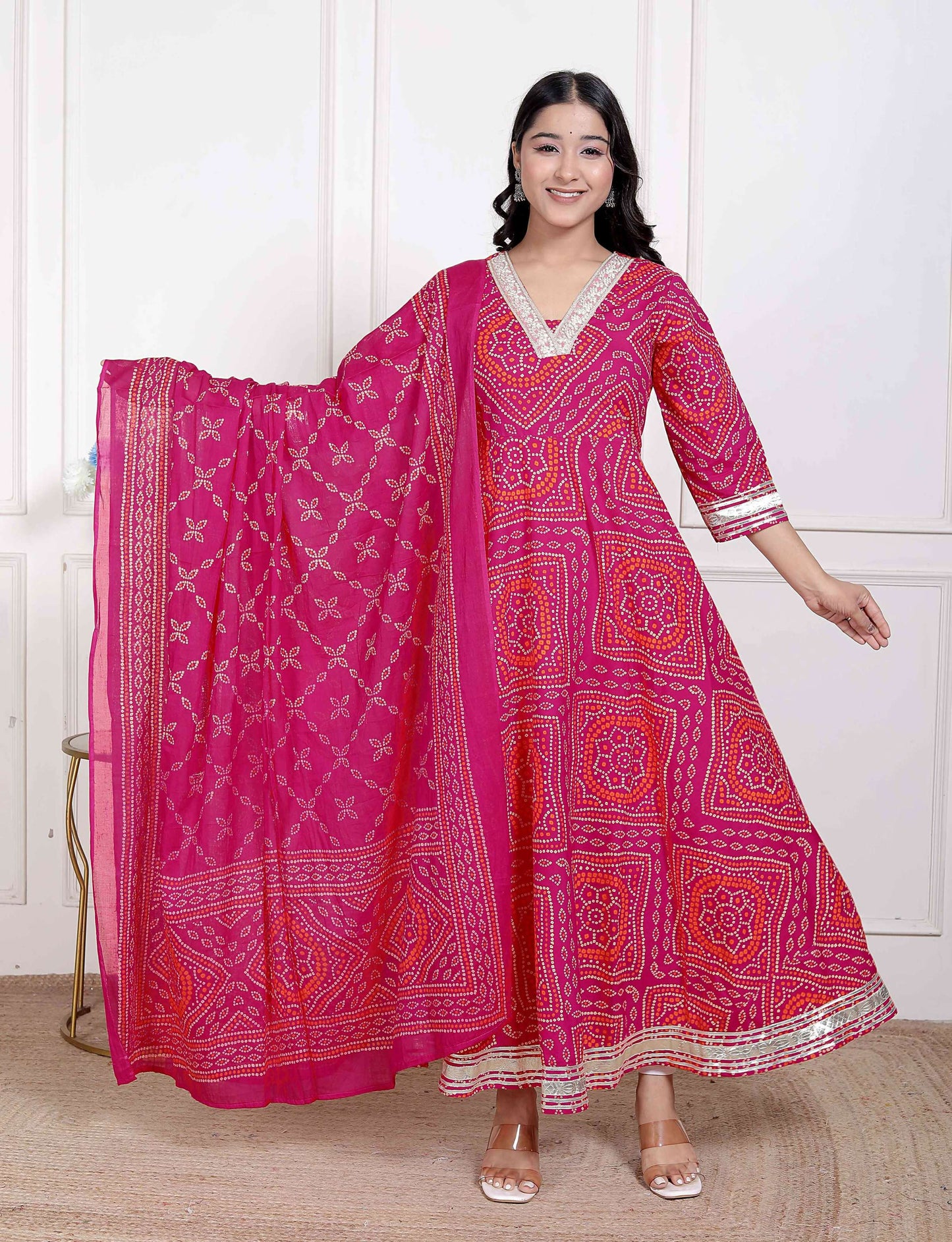 Miravan Women's Bandhani Ethnic Anarkali Kurta and Dupatta