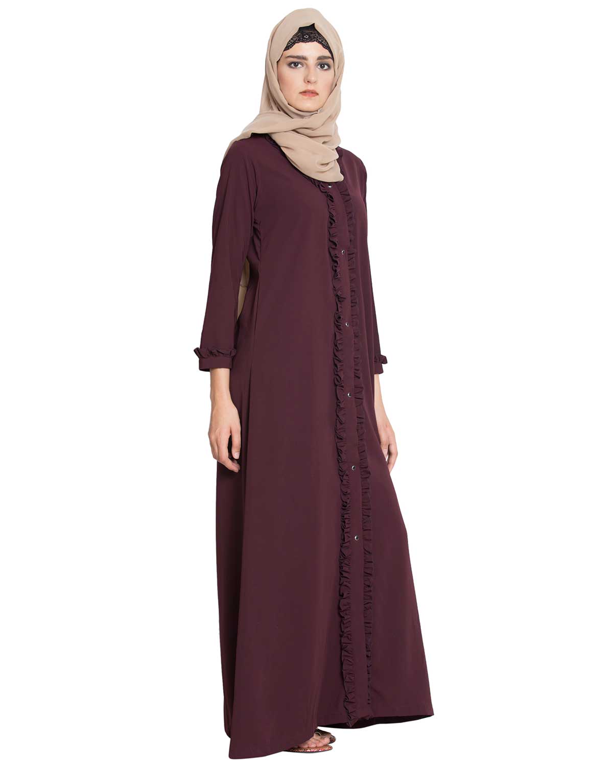 Bashariya Front Open Abaya With Ruffled Panels and Side Pockets - Maroon