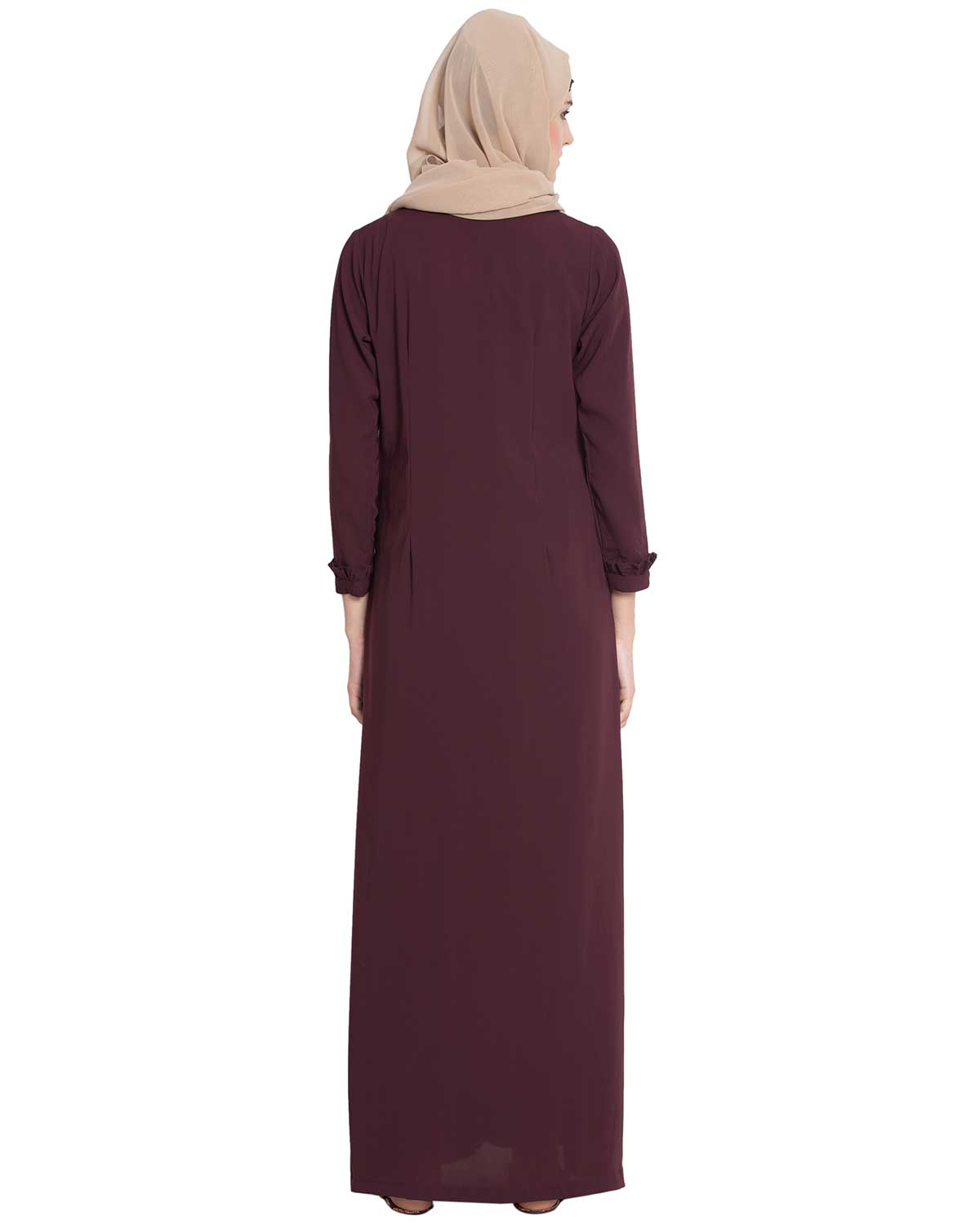 Bashariya Front Open Abaya With Ruffled Panels and Side Pockets - Maroon
