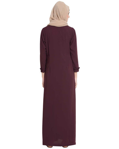 Bashariya Front Open Abaya With Ruffled Panels and Side Pockets - Maroon