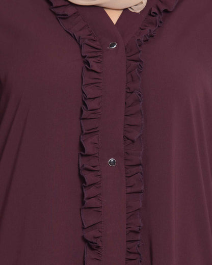 Bashariya Front Open Abaya With Ruffled Panels and Side Pockets - Maroon