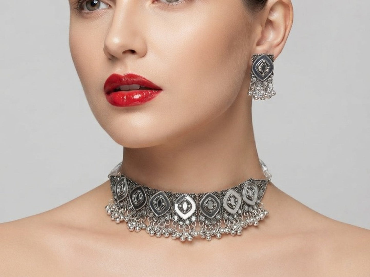 Jewel City Oxidized Silver Mirror Choker Set, Ethnic Indian Jewelry For Women