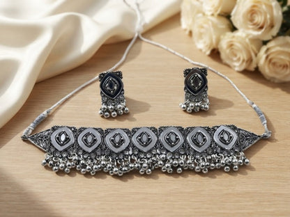 Jewel City Oxidized Silver Mirror Choker Set, Ethnic Indian Jewelry For Women