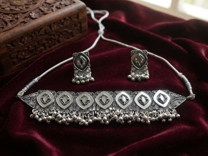 Jewel City Oxidized Silver Mirror Choker Set, Ethnic Indian Jewelry For Women