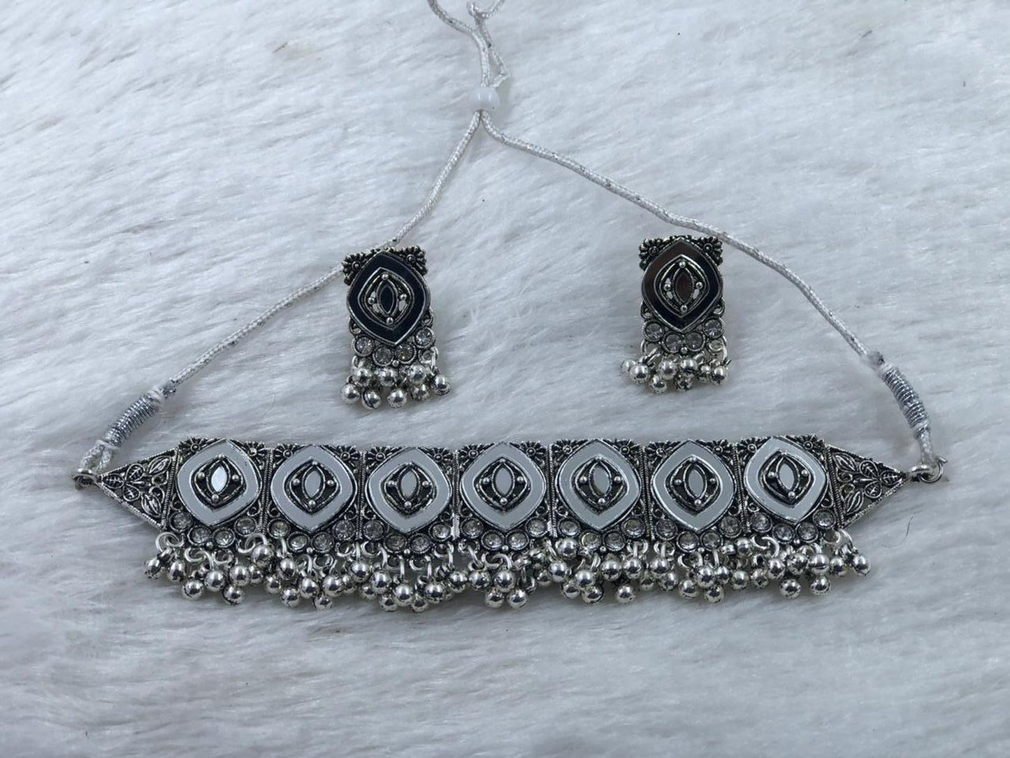 Jewel City Oxidized Silver Mirror Choker Set, Ethnic Indian Jewelry For Women