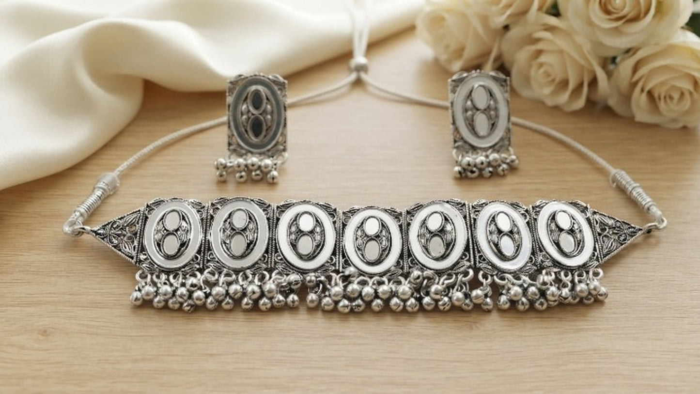 Jewel City Oxidized Silver Mirror Choker Set, Ethnic Jewelry For Women